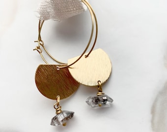 Brass Hoop and Raw Quartz Stone Earrings