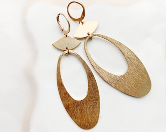 Extra Long Textured Yellow Brass Open Oval Modern Dangle and Drop Earrings