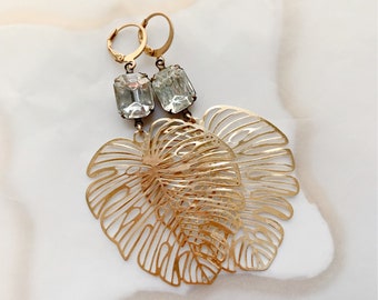 Vintage Clear Glass Stones Brass Leaf Statement Earrings