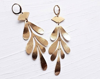 Long Textured Yellow Brass Leaf Dangle and Drop Statement Earrings