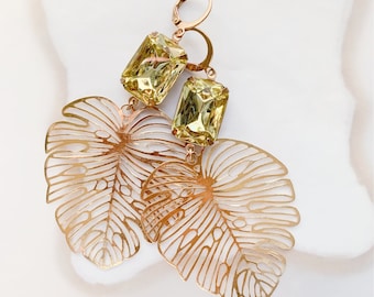 Vintage Yellow Green Glass Stones Brass Leaf Statement Earrings