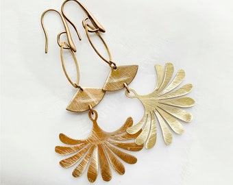 Long Textured Yellow Brass Modern Leaf Dangle and Drop Earrings
