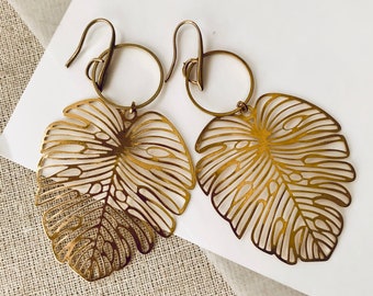 Big Brass Monstera Leaf Earrings