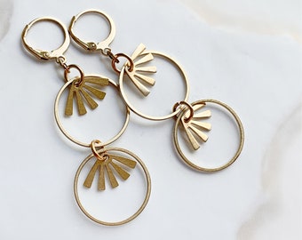 Circles and Flower Petals Yellow Brass Modern Dangle and Drop Earrings