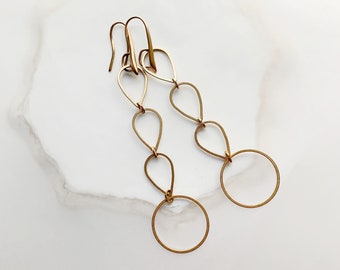 Long Yellow Brass Modern Waterfall Teardrop Circle Dangle and Drop Earrings