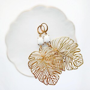 Brass and White Leaf Earrings
