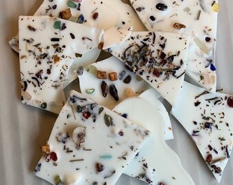 Teakwood and Charcoal Wax Brittle Melts with Crystals Glitter Flowers and Herbs