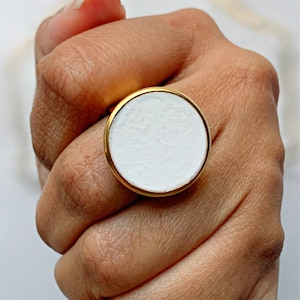 Adjustable Round White Plaster Statement Ring image 1
