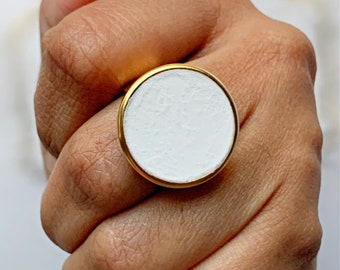 Adjustable Round White Plaster Statement Ring