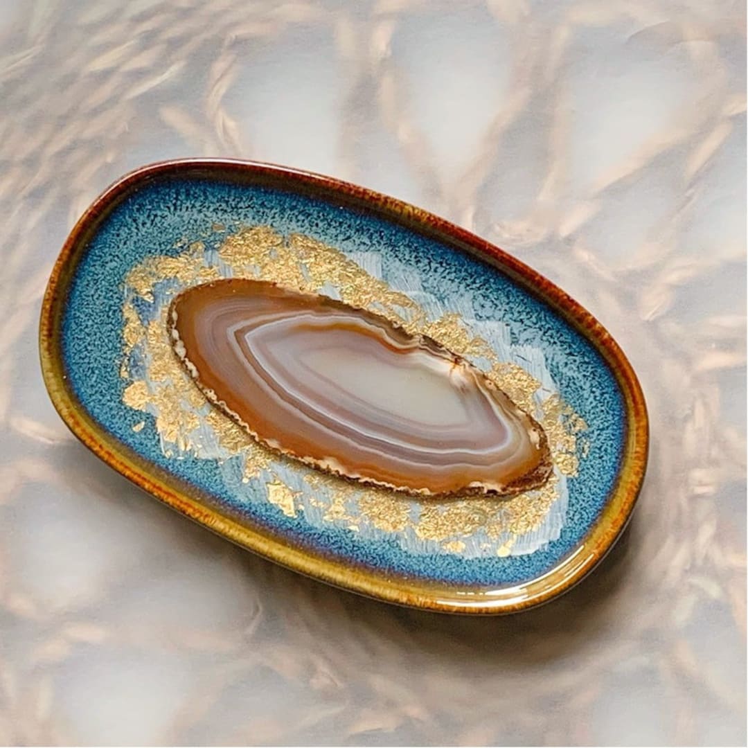 Small Decorative Ceramic Dish With Brown Agate Slice Etsy