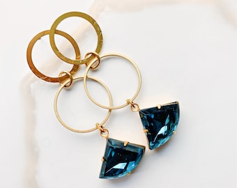 Brass Circle Earrings with Vintage Blue Glass Stones