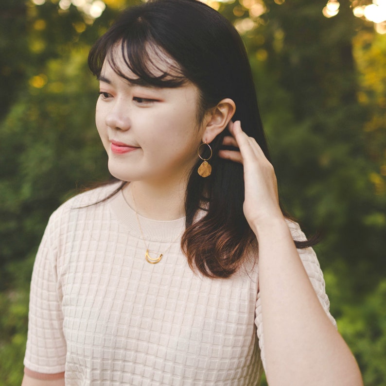 Yellow Brass Hoop and Wavy Round Circle Drop Earrings image 7