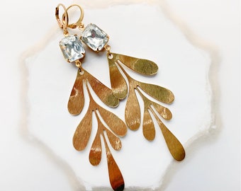 Long Statement Leaf Earrings with Vintage Glass Stones