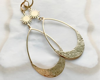 Extra Long Textured Yellow Brass Modern Sunshine Dangle and Teardrop Earrings