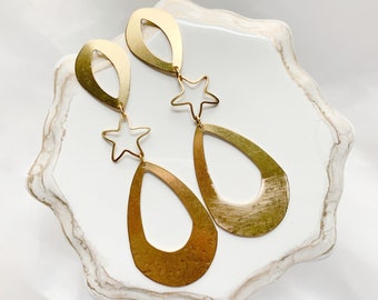 Teardrop and Stars Yellow Brass Long Dangle and Drop Earrings