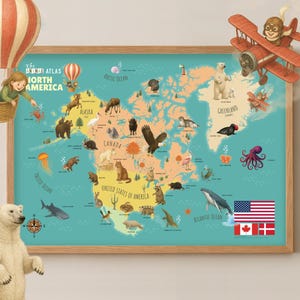 Tier Atlas: Nordamerika, druckbare Tier Karte, Lernposter Wildtiere, Kinderzimmer Wandbild, Homeschool Geographie Ressourcen, Lerndekor
