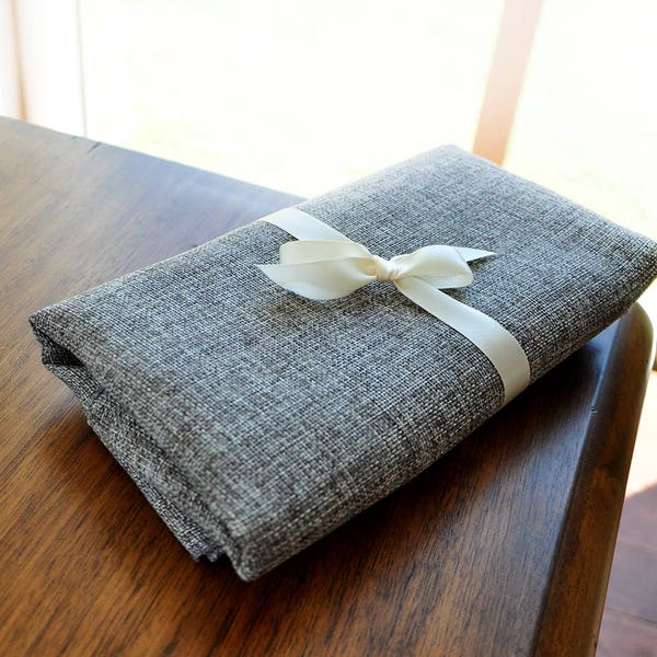 Gray Table Runner 108 inches with Burlap Look. Maufactured in the USA. Charcoal Grey Table Runner.