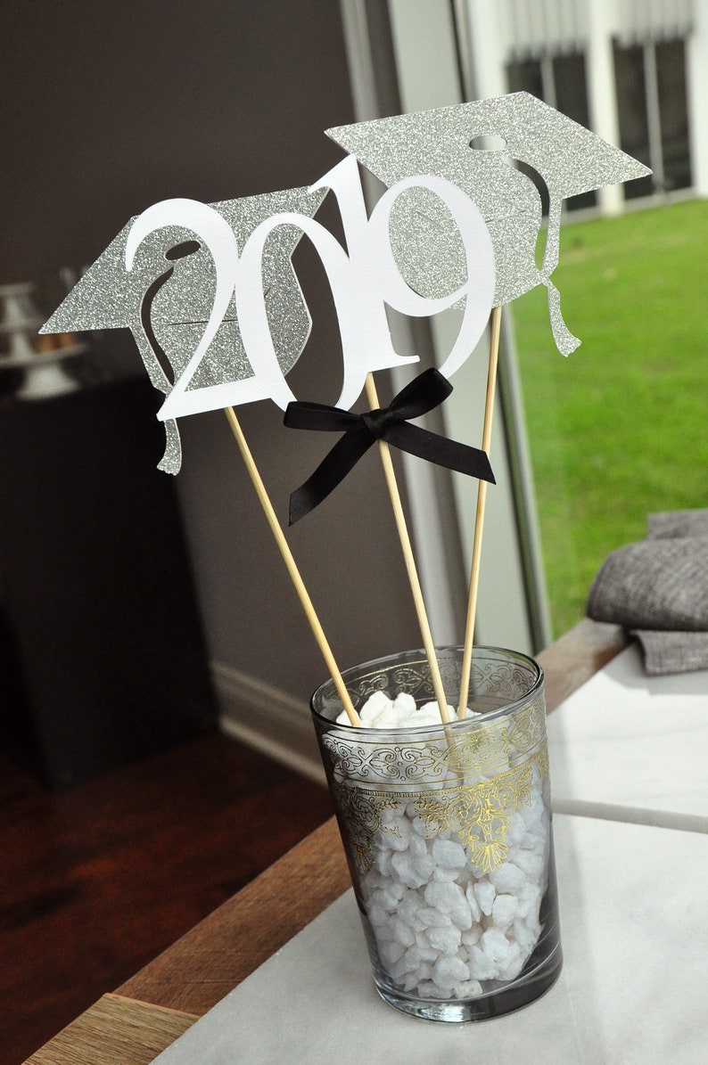 . White and Silver Centerpiece for Graduation Party 1 2019 Wand, 2 Grad Cap Wand Graduation Centerpieces. Graduation Party Decoration