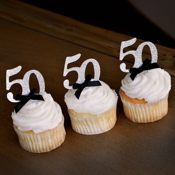50th Birthday Cupcake Toppers with Bows-Glittery Silver /& Black Pack of 10