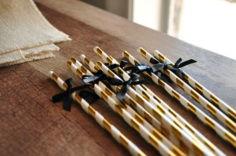 Metallic Gold Straws with Black Bows. . Graduation Party Decor 1 Pack of 10 Straws with Bows