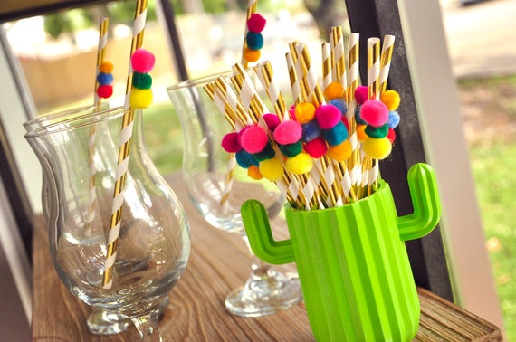 Pom Pom Fiesta Straws. (1 Set of 10 Straws). Fiesta Bridal Shower. Fiesta Decoration. Mexico Party Decoration. Il_570xn