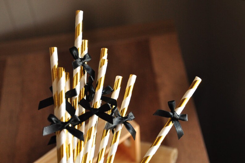 Metallic Gold Straws with Black Bows. . Graduation Party Decor 1 Pack of 10 Straws with Bows