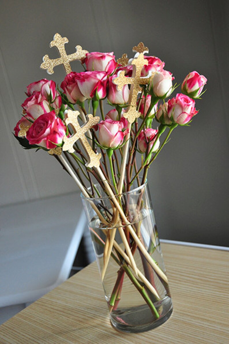 Baptism Centerpiece. Floral Picks with Crosses 5CT. Etsy