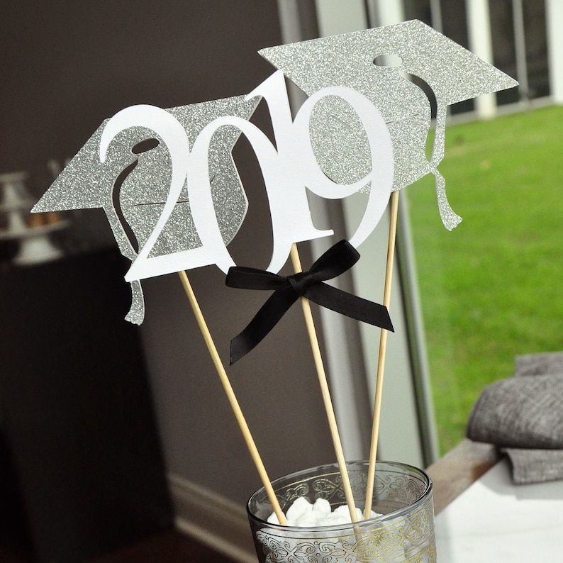 . White and Silver Centerpiece for Graduation Party 1 2019 Wand, 2 Grad Cap Wand Graduation Centerpieces. Graduation Party Decoration