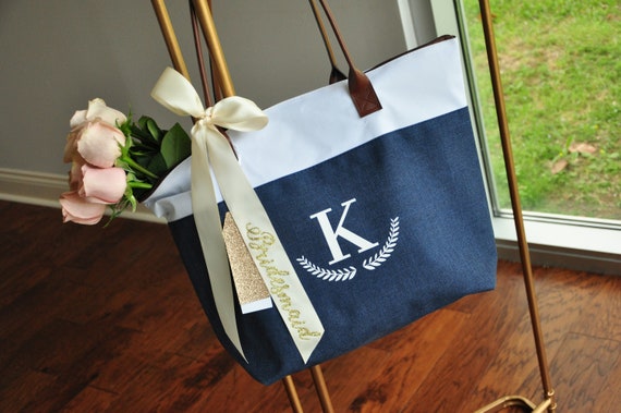 Personalize Bridesmaid Tote (Qty. 1). Initial Tote with Bridesmaid Ribbon. Wedding Tote Bag. NRT. Il_570xn