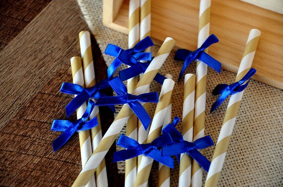 Royal Prince Baby Shower Straws 10CT. Gold Paper Straws with Royal Blue Bows. Il_570xn