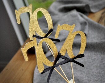 70th Birthday Centerpieces in Gold and Black. 70 Party Decorations. 70th Anniversary Party Centerpiece Set of 3.