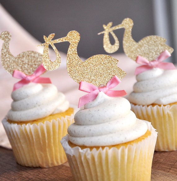 Baby Girl Shower Decorations. Stork Cupcake Toppers 12CT. Il_570xn