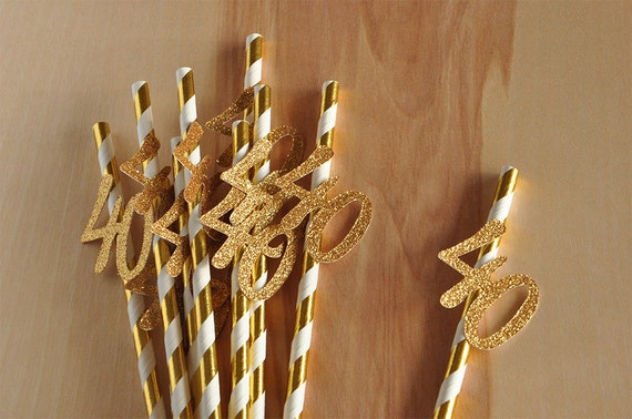 Metallic Gold Straws with Gold 40. 40th Birthday Decoration Straws 10CT