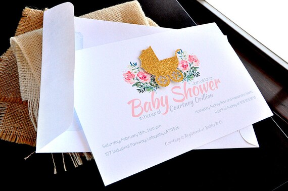 Floral Baby Invitation with Envelopes. We Print, Cut, Glue and Ship to You in 3-5 Business Days. Baby Carriage Invitations with Envelopes. Il_570xn