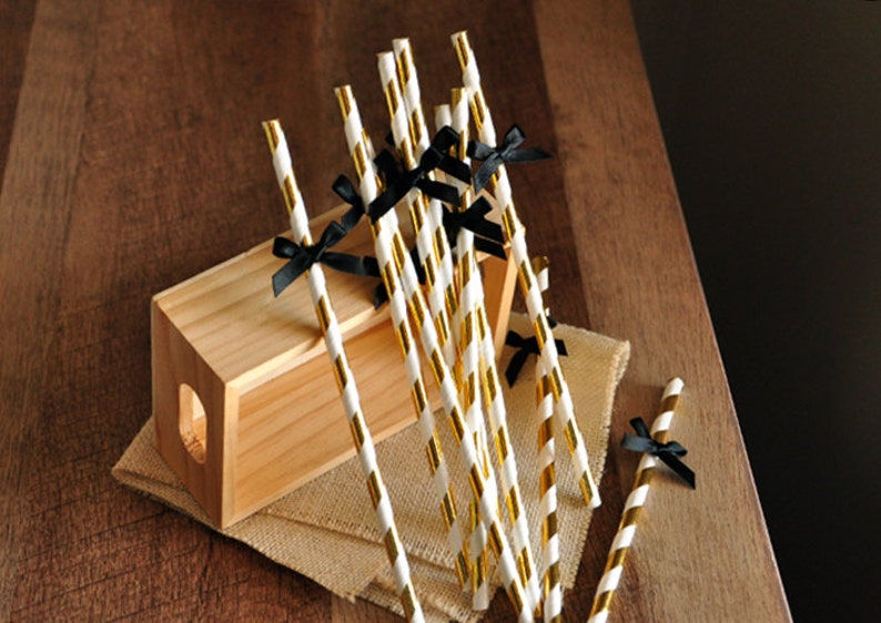 Metallic Gold Straws with Black Bows. . Graduation Party Decor 1 Pack of 10 Straws with Bows