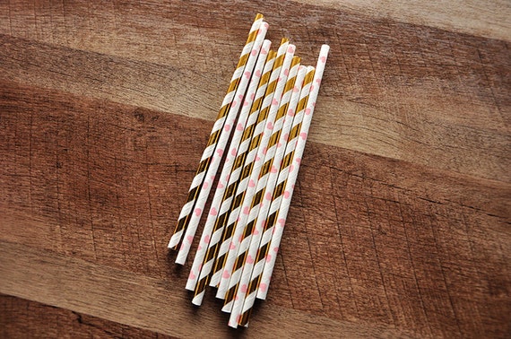 Pink and Gold First Birthday. Handcrafted in 3-6 Business Days. Paper Straws. Metallic Gold Striped and Heart Straws 10CT. Il_570xn