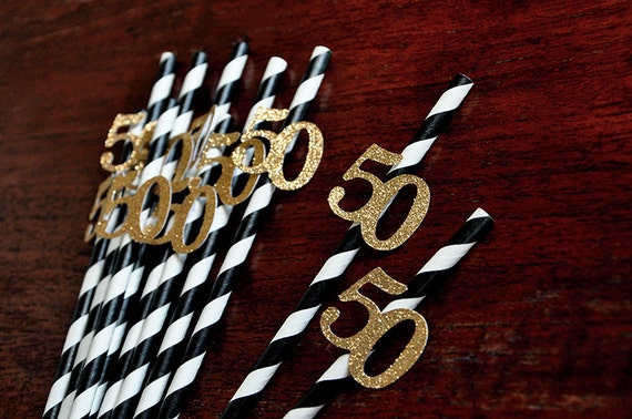 Black And Gold Straws For 50th Party 10ct 50th Birthday Party