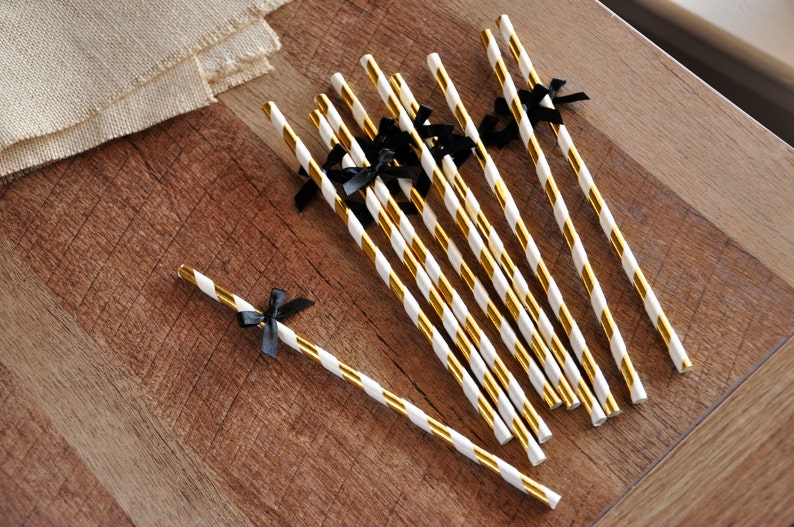 Metallic Gold Straws with Black Bows. . Graduation Party Decor 1 Pack of 10 Straws with Bows