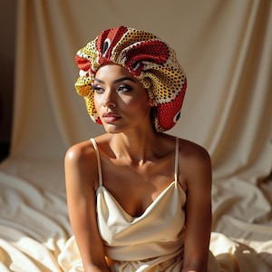 Satin sleep bonnet for natural hair, African print hair cap, reversible double layer silk bonnet, adjustable night bonnet