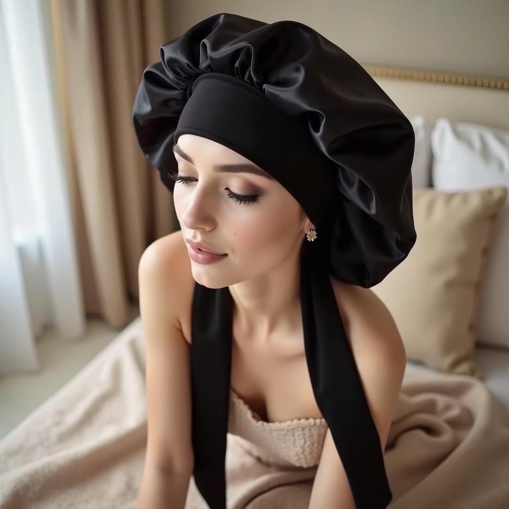 Satin sleep bonnet with stretch tie, luxury satin hair wrap, silky bonnet for braids & curly hair, non slip night cap for women