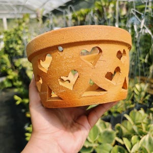 May include: A round terracotta plant pot featuring a series of cut-out heart shapes around the exterior wall. The clay material has a natural orange-brown hue and a matte finish, with a thick, flat rim at the top and an open base design.