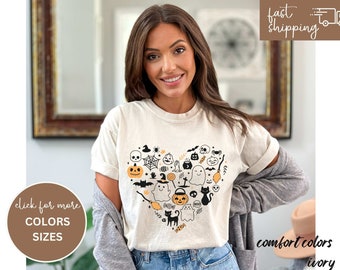 Camisa de corazón de garabatos de Halloween, linda camiseta gráfica de Halloween, camisa de mamá espeluznante fantasma de bruja de calabaza, camisetas de Halloween, vamos a ponernos espeluznantes, espeluznante