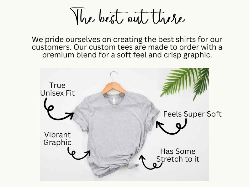 May include: A gray t-shirt on a hanger with text that says "True Unisex Fit", "Vibrant Graphic", "Feels Super Soft", and "Has Some Stretch to it".
