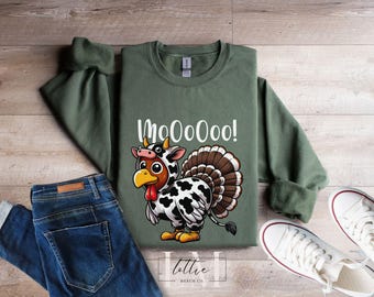 Turkey Sweater, Turkey dressed as a Cow Sweatshirt, Funny Turkey T-shirt, Moo Cow Turkey Shirt, Thanksgiving Kids Shirt, Fall Sweatshirt Tee