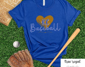 Retro Kansas City Baseball Tshirt, Heart KC baseball shirt, Kansas City Shirt, Blue White Gold Baseball Tee, KC Baseball T-shirt, KC Shirt