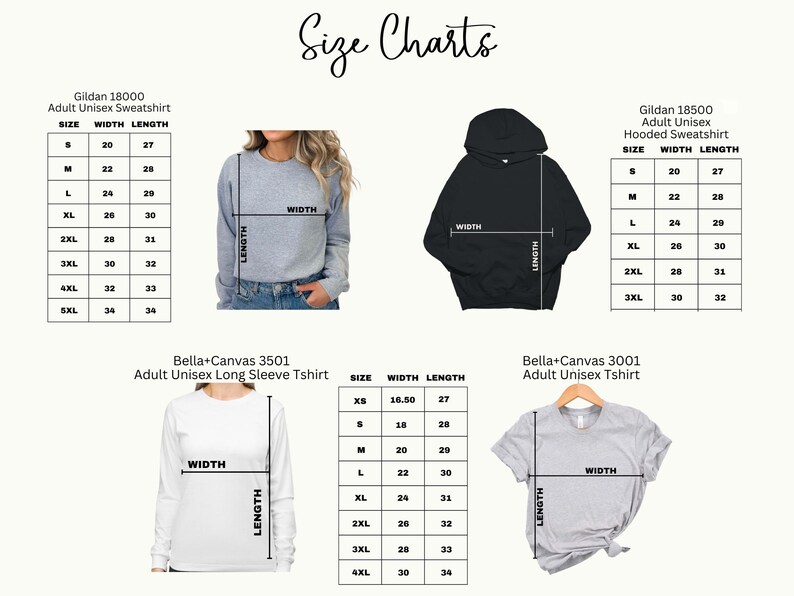 May include: Size chart for Gildan 18000 adult unisex sweatshirt, Gildan 18500 adult unisex hooded sweatshirt, Bella+Canvas 3501 adult unisex long sleeve t-shirt, and Bella+Canvas 3001 adult unisex t-shirt. The chart shows the width and length measurements in inches for each size, from XS to 5XL.