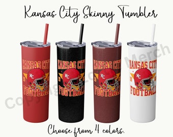 KC Football Skinny Tumbler with Straw, 20oz Tumbler, Kansas City Football Tumbler, Red Gold Number, Personalized KC Football Tumbler