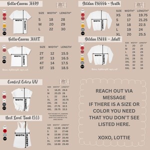 以下が含まれることがあります： Bella+Canvas、Gildan、Comfort Colors、Next LevelなどのTシャツとスウェットシャツのサイズチャート。 幅と長さの測定値はインチで、XSから5XLまでのサイズがあります。 カスタムサイズについてはお問い合わせくださいというメッセージも含まれています。