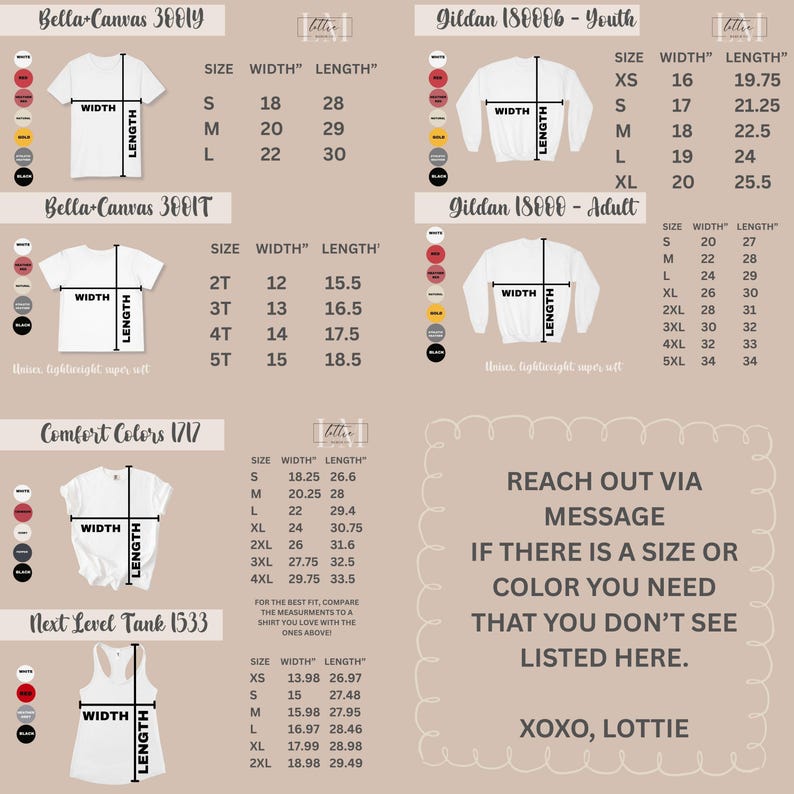 以下が含まれることがあります： Bella+Canvas、Gildan、Comfort Colors、Next LevelなどのTシャツとスウェットシャツのサイズチャート。 幅と長さの測定値はインチで、XSから5XLまでのサイズがあります。 カスタムサイズについてはお問い合わせくださいというメッセージも含まれています。