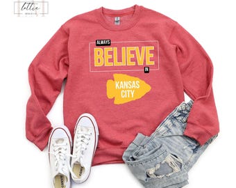 Retro Style Kansas City Football Sweatshirt, Believe Kansas City Red Kingdom, KS Fan Gifts, Vintage KC gift game day, KC Game Day Crewneck